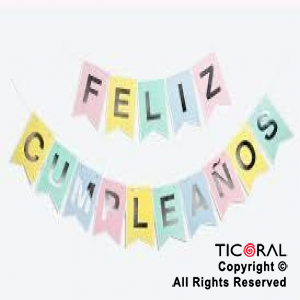 BANDERIN FELIZ CUMPLEAOS PARTY MULTICOLOR PASTEL CON STAMPING x 1